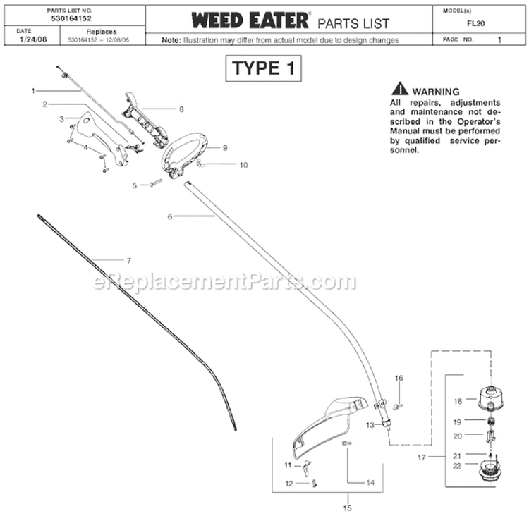 Page B Diagram and Parts List for Type 1 Weed Eater Trimmer
